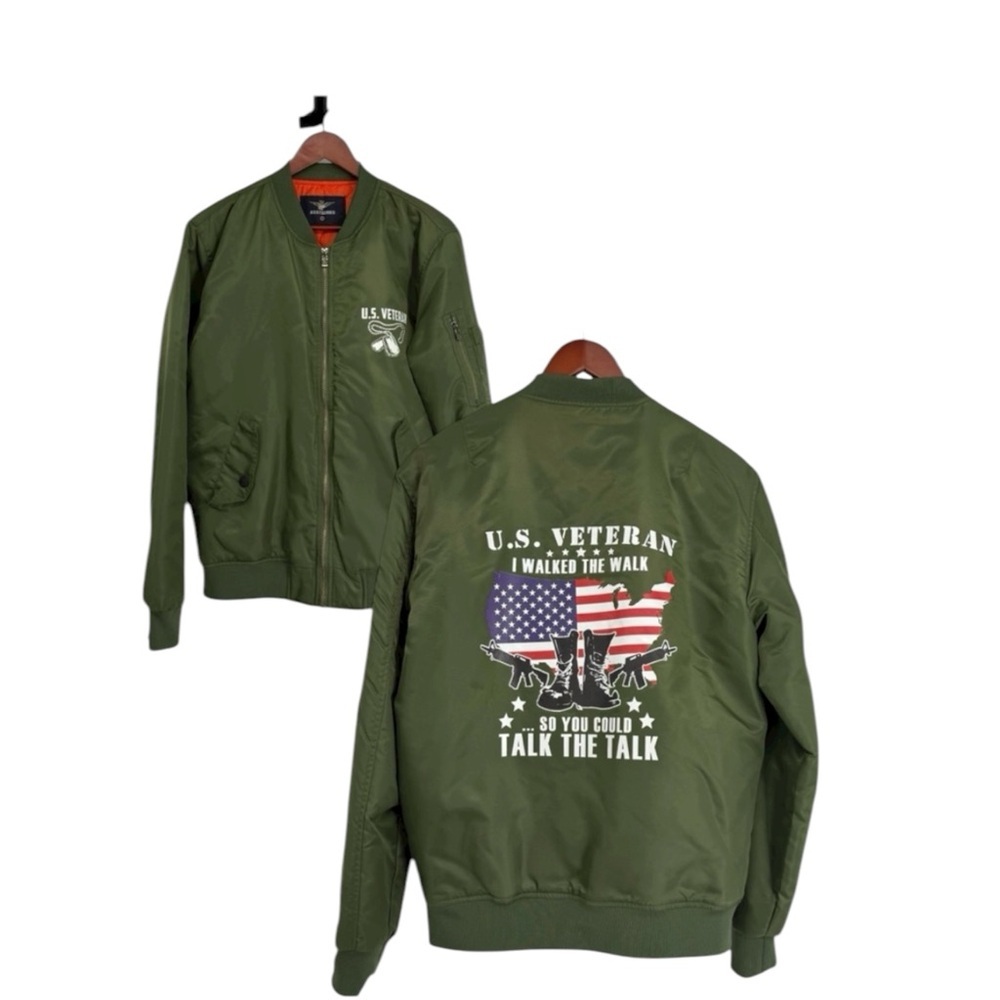 U.S. Veteran Bomber Jacket Green MA-1 Style “I Walked the Walk” Graphic Back